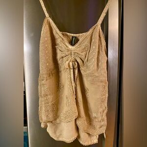 Sacred Threads Beige Embroidered Layered ruched Camisole sleeveless top MED